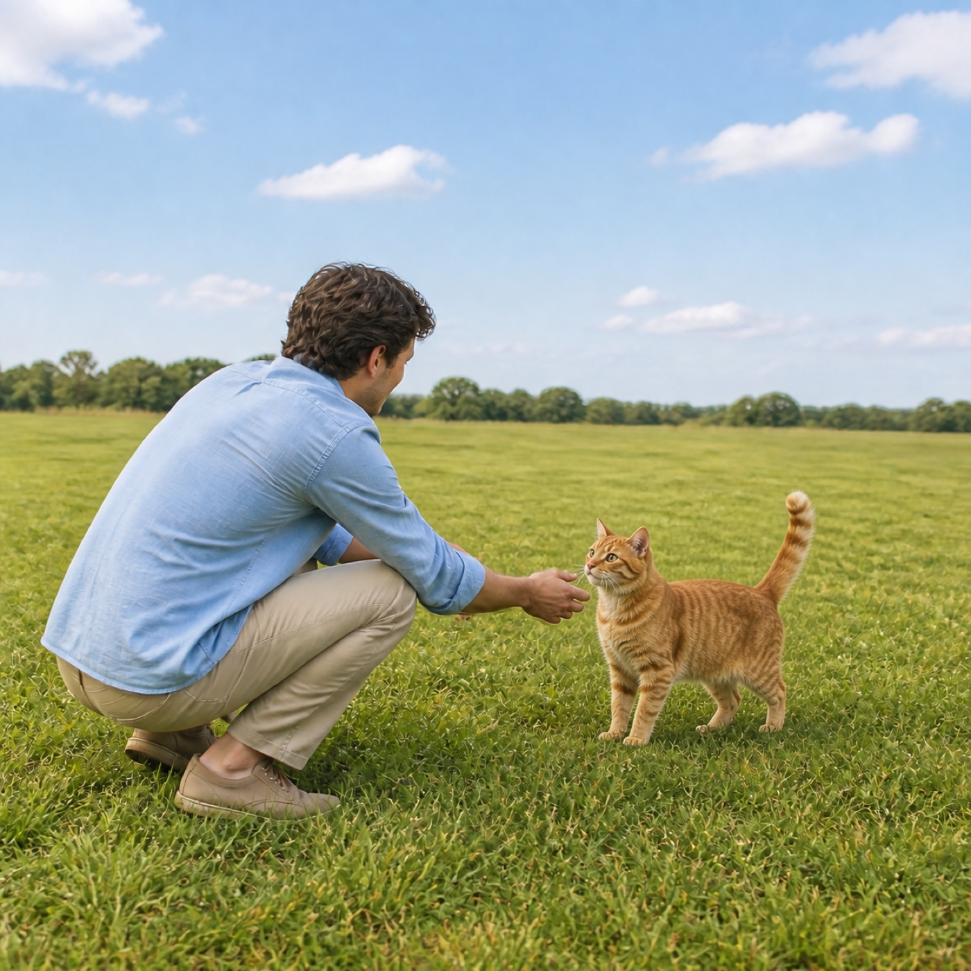 The same person happily greeting an orange cat in the same meadow
