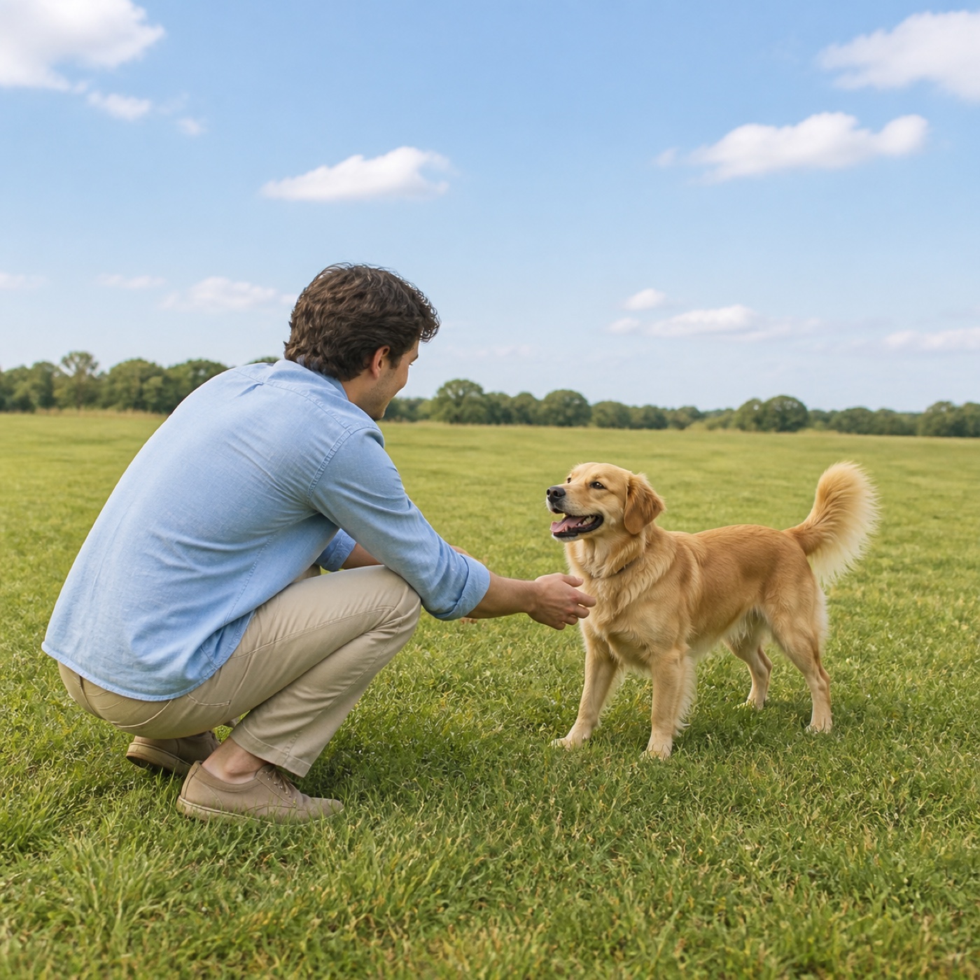 A person happily greeting a golden dog in a sunny meadow